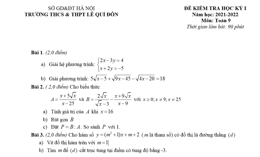 Toán 9: Đề kiểm tra cuối học kỳ 1. Trường THCS Lê Quí Đôn - Hà Nội năm học 2021-2022